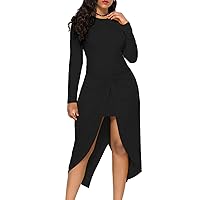 Women's Sexy Plus Size Bodycon Long Sleeve Ruched Wrap Front Mini Club Dresses Prom Ball Gown Wedding Party Night Dress