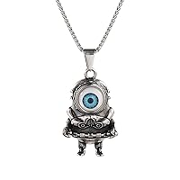 Hip Hop Vintage Evil Eye Alien Necklace Stainless Steel Cartoon Character Good Luck Protection Pendant for Men Women, 24 in Chain