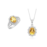 Rylos Women's Sterling Silver Princess Diana Ring & Pendant Set. Gemstone & Diamonds, 9X7MM Birthstone. Matching Friendship Jewelry, Sizes 5-10.
