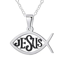 FaithHeart Christian Fish Necklace Religious Jewelry Stainless Steel/18K Gold Plated Jesus Ichthus Pendant Necklaces (Black)