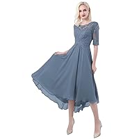 Laces Mother of The Bride Dresses Short Sleeves Chiffon Appliques Formal Tea Length Evening Dress for Women