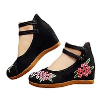 Floral Embroidered Women Canvas Wedge Pumps Ladies Ethnic Shoes Mid-Heel Vintage Casual Espadrilles for Female Black 8.5