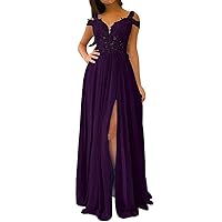 Women's Lace Off Shoulder Bridesmaid Dresses Long Chiffon Party Prom Dress with Slit