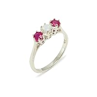 925 Sterling Silver Real Genuine Opal & Ruby Womens Band Ring