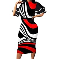 IbuduSexy Women Pencil Dress Elegant Short Ruffles Sleeve Striped Print Crew Neck midi Bodycon Church Dress