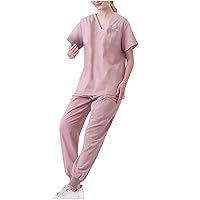Women Nurse Uniform Jogger Suit 2Piece Scrubs_ Set Short Sleeve V Neck T-Shirts & Pants Multi Pocket Workwear Outfit