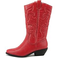 Soda Women Cowgirl Cowboy Western Stitched Boots Pointy Toe Knee High Reno-S (RED, WIDE, 11)