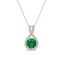 Round Emerald & Natural Diamond 1 ctw Women Halo Pendant Necklace. Included 16 Inches Chain 14K Gold