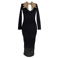 Women's Black Gold Sequins Mock Neck Midi Dress