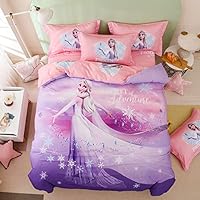 100% Cotton Kids Bedding Set Girls Purple Frozen Elsa Princesses Duvet Cover and Pillow Cases and Fitted Sheet,4 Pieces,Queen