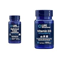 Life Extension Optimized Folate Heart & Brain Support Tablets and Vitamin D3 Bone, Brain & Immune Health Softgels - 100 Tablets, 60 Softgels