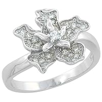 Sterling Silver CZ Orchid Ring Rhodium Finish, 9/16 inch Wide, Sizes 6-9
