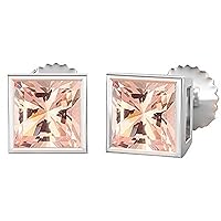 Princess Cut Created morganite 14K White Gold Plated 925 Sterling Silver Fashion Four Bezel Setting Stud Earrings Great Gift for Any Occasion For Womens Girls (4MM To 10 MM)