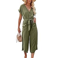 FTCayanz Women's Summer Casual Jumpsuits Linen V Neck Short Sleeve Wide Leg Rompers Overalls with Pockets