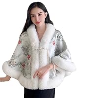 Chinese Faux Fur Women Winter Knit Jacquard Shawl Coat Party Dress Wraps Cloak