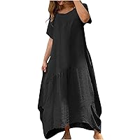 Summer Dresses for Women 2024 Casual Cotton Linen Crew Neck Short Sleeve Loose Flowy Boho Beach Maxi Dress with Pockets