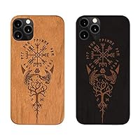 iPhone 14 Pro Max Viking Compass Vegvisir Celtic Wood Phone Case Compatible with MagSafe [Shockproof Wooden Protective Cover] Resistant to Scratch & Engraved Slim (Black)