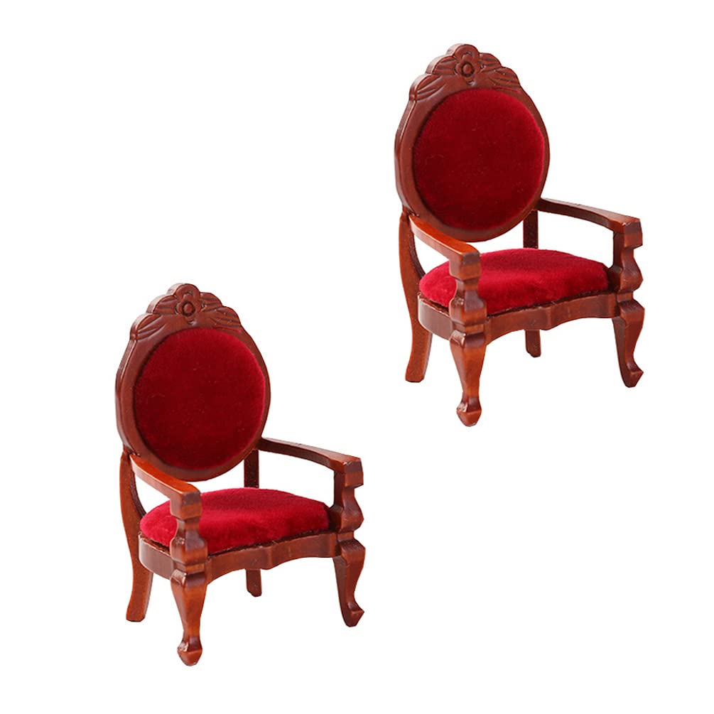 2 PCS 1:12 Miniature House Furniture Wooden Carved Single Sofa Chairs Vintage Red Armchairs for Miniature House Accessories Furniture Decoration Birthday