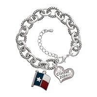 Silvertone Texas Flag - Lone Star - Class of 2024 Heart Charm Link Bracelet, 7.25+1.25