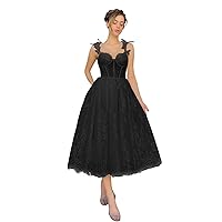 Maxianever Lace Tulle Prom Dresses Tea Length V Neck Corset Formal Flower Wedding Guest Gowns Women’s Petite Backless Black US0