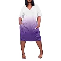 Plus Size Dresses for Curvy Women Summer V Neck Short Sleeve Knee Pocket Loose Gradient Print Casual Dress for Women