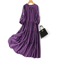 Women Silk Midi Dress Mulberry Silk Loose Type Purple Color Big Hem Crew Neck 3/4 Sleeve Long Dress