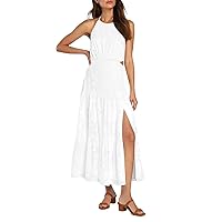 AOOKSMERY Womens Halter Neck Tie-Back Midi Dress Floral Backless Slit Tiered Dresses for Women Wedding Guest