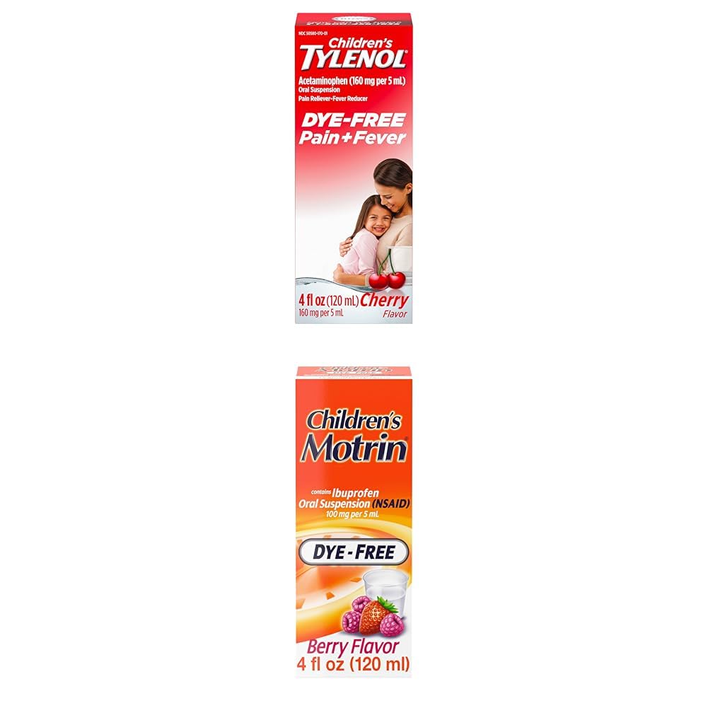 Bundle of Tylenol Children's Oral Suspension Acetaminophen Medicine, Dye-Free Cherry, 4 fl. oz + Children's Motrin Oral Suspension Medicine for Kids, 100mg Ibuprofen, Berry Flavored, 4 fl. oz