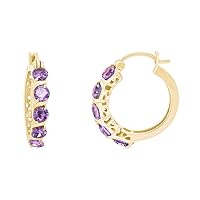 Round Cut Simulated Amethyst Snap Closure Hoop Earrings In 14K Gold Over Sterling Silver