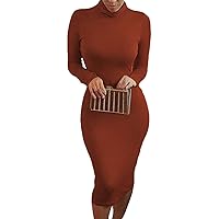 Pink Queen Long Sleeve Bodycon Dress for Women Sexy Turtle Neck Pencil Fitted Midi Dresses Fall Outfits Burnt Orange S