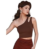 Women's Tops Sexy Tops for Women Women's Shirts Cut Out One Shoulder Top (Color : Brown, Size : Large)