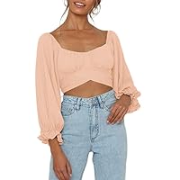 Dokotoo Women's Square Neck Slim Fit Crop Tops Long Lantern Sleeve Tie Back Summer Blouse Shirt