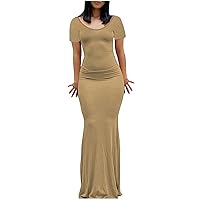 Womens Dresses Summer 2024,Women's Solid Color V Neck Sexy Short Sleeves Backless Fit Long Dress Plus Size Tull