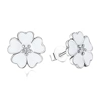 925 Sterling Silver Primrose Flower Stud Earrings White Enamel Compatible with Jewelry with Cubic Zirconia