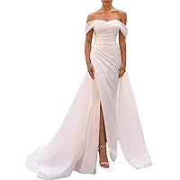 Sheath/Column Simplicity Wedding Dresses Off-The-Shoulder Court Train Cap Sleeve Bridal Gown with Pleats 2024