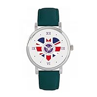 Queen's Platinum Jubilee Union Jack Heart Watch 2022 for Women, Analogue Display, Japanese Quartz Movement Watch with Dark Green Leather Strap, Custom Made