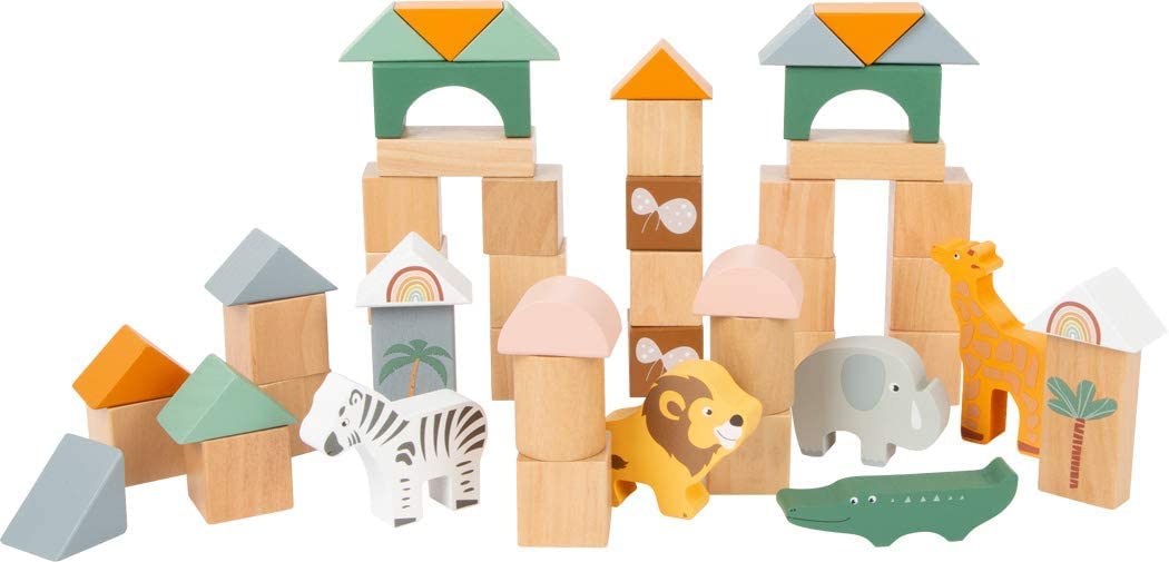 Small Foot- 50 Wooden Building Block Safari Playset- Stacking Toys for Boys and Girls Ages 12+ Months-Montessori-Perfect for Birthdays and Holidays
