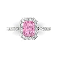 2.04ct Emerald Cut Solitaire with Accent Halo Pink Simulated Diamond designer Modern Statement Ring Solid 14k White Gold