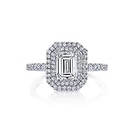 1ct Simulated Diamond Dual Halo Emerald Engagement Ring 14k White Gold Finish