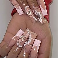 French Square Fake Nails,Pink Press on Nails Artificail Extra Long, Crystal Flowers Nails Acrylic Full Cover Long Fake Nails with Design Nail Tips for Women&Girls,24PCS