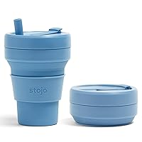 Stojo Collapsible Travel Cup With Straw - Steel Blue, 16oz / 470ml - Reusable To-Go Pocket Size Silicone Bottle for Hot and Cold Drinks - Perfect for Camping and Hiking - Microwave & Dishwasher Safe