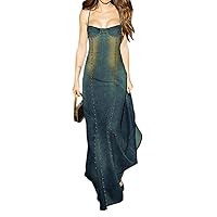 Women Sexy Slim Fit Denim Dress Sleeveless High Waist Fishtail Long Halter Dress