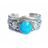 Single Stone Blue Stabilized-Turquoise Ornate Cuff Bracelet | Adjustable Boho Jewelry for Men & Women
