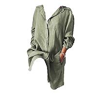 Double Pockets Ladies' Loose Long Shirt Dress Casual Button Down Linen Dress Knee Length Solid Shirt Maxi Dress
