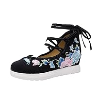 Spring Women Cross-Tied Embroidered Casual Shoes Vintage Canvas Sneakers Ethnic Lace-Up Female Wedges Shoes Black 5.5