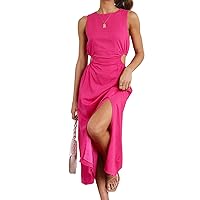 Long Linen Dress for Women Cutout Waist Slit Maxi Dress Summer Casual Crewneck Sleeveless Tank Dress Work Office Dress