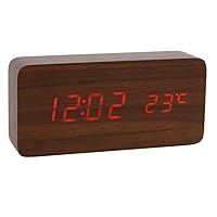 Lancoon Wooden Digital Clock - Multi-Function LED Alarm Clock with Time/Date/Temperature Display and Voice Control for Home Office Travel - AC11Brown_Red