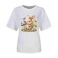 Women's Easter Day Summer Short Sleeve Floral Print Bunny Lily Blouses Fashion 2023 2024 Oversized T Shirts Graphic
