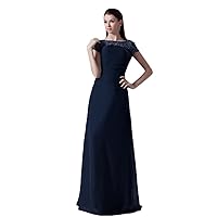 Navy Blue Beaded Illusion Neckline Chiffon Prom Dress With Cap Sleeves