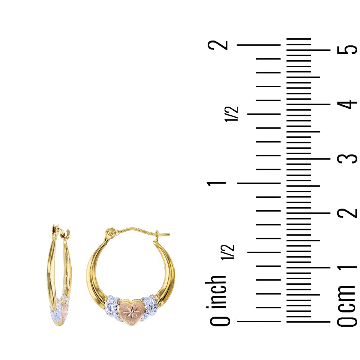 14K Gold Solid Hypoallergenic Heart Hoop Earrings - Tricolor Gold, Two Tone, Heart Shaped, Triple Heart, Shrimp Hoops